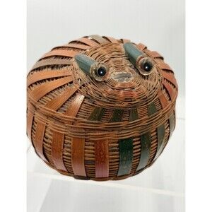 Vintage Woven Bamboo Basket Whimsical Googly Glass Eyes & Lid Frog Porcelain Int